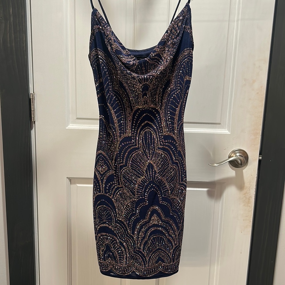 Navy Blue, Rose Gold Glitter Design, Hoco Dress